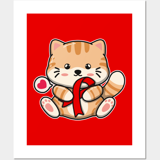 Cute Cat Holding Red Ribbon Wall Art by Luna Illustration